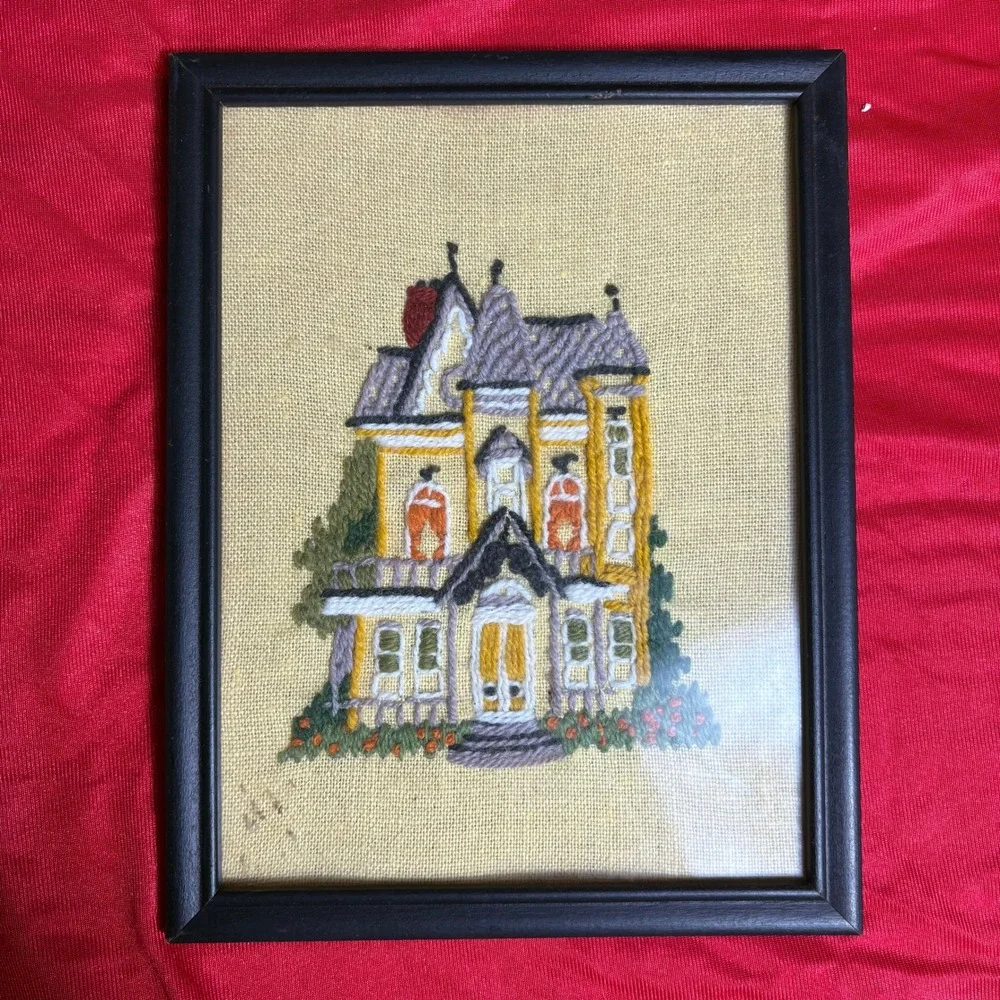 Vtg Handmade Crewel Embroidery Needlework Trio Victorian House Daisies Carriage